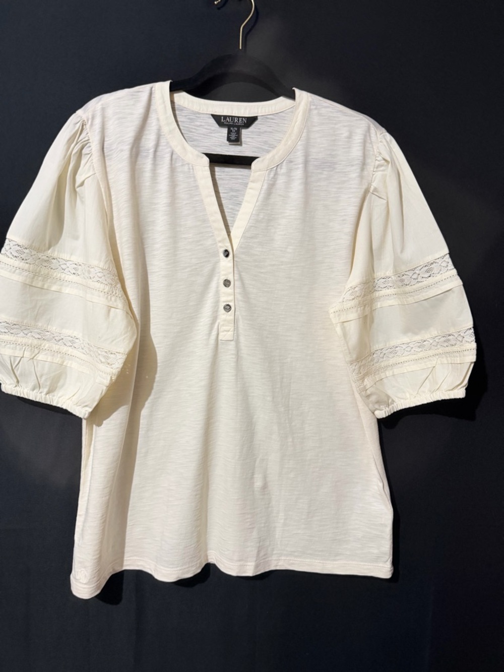 Ralph Lauren Cream Henley Top with Lace-Trim Puff Sleeves
